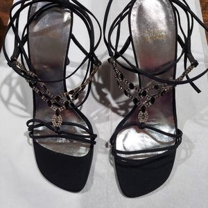 Stuart Weitzman Black Strappy Ankle T Rhinestone /Black Onyx Jeweled Size 10M
